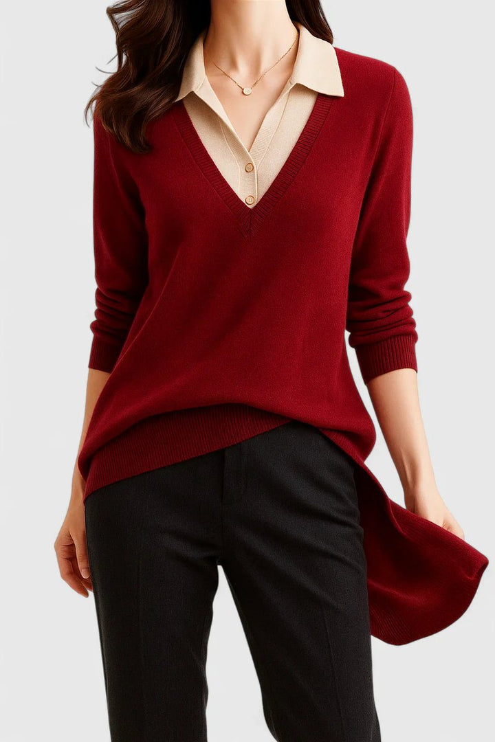 Women's Collared V-Neck Knit Pullover Sweater Button Cuffs - Red