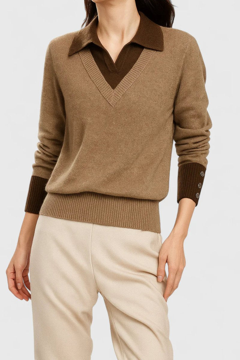 Women's Collared V-Neck Knit Pullover Sweater Button Cuffs