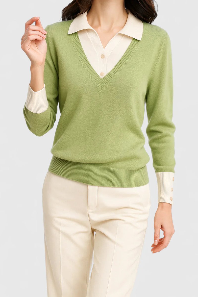 Women's Collared V-Neck Knit Pullover Sweater Button Cuffs - Lime