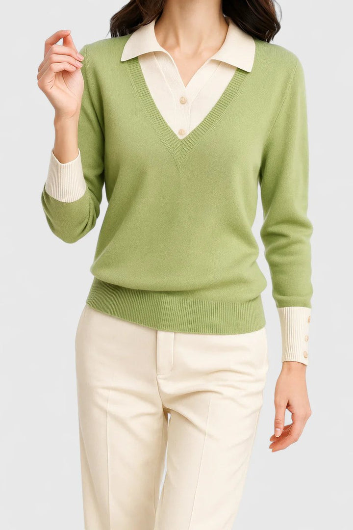 Women's Collared V-Neck Knit Pullover Sweater Button Cuffs - Lime