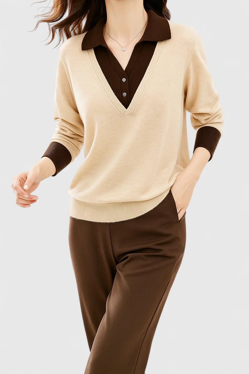 Women's Collared V-Neck Knit Pullover Sweater Button Cuffs - Beige