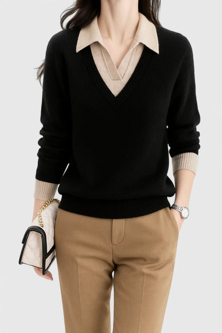Women's Collared V-Neck Knit Pullover Sweater Button Cuffs - Black