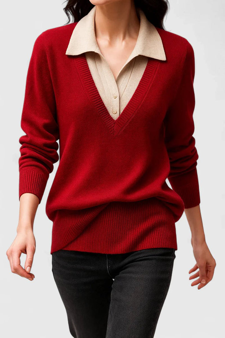 Women's Collared V-Neck Knit Pullover Sweater Button Cuffs