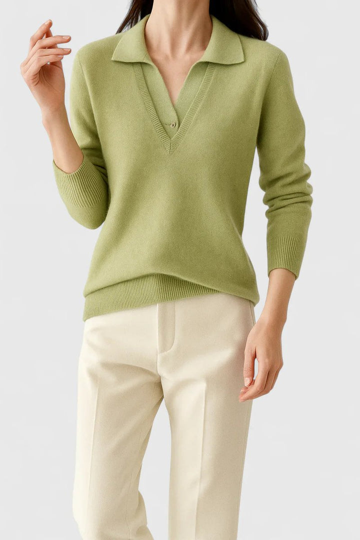 Women's Collared V-Neck Knit Pullover Sweater Button Cuffs