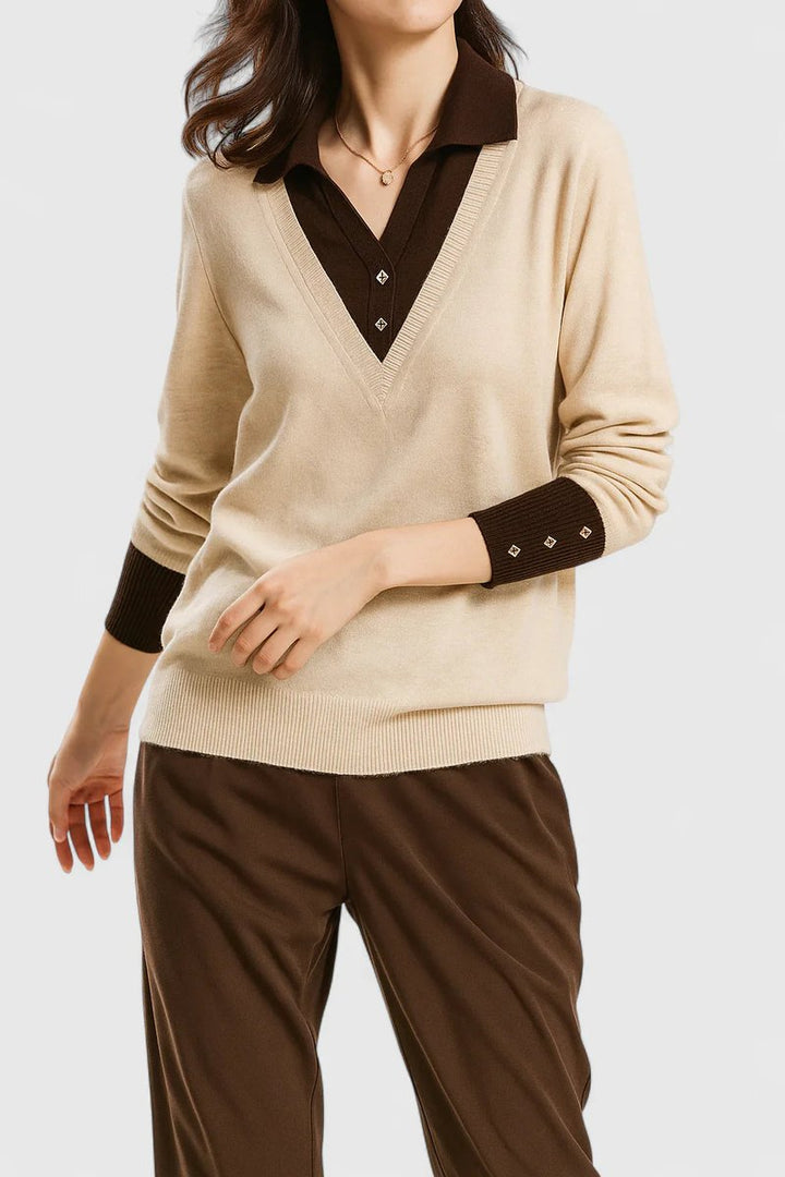 Women's Collared V-Neck Knit Pullover Sweater Button Cuffs