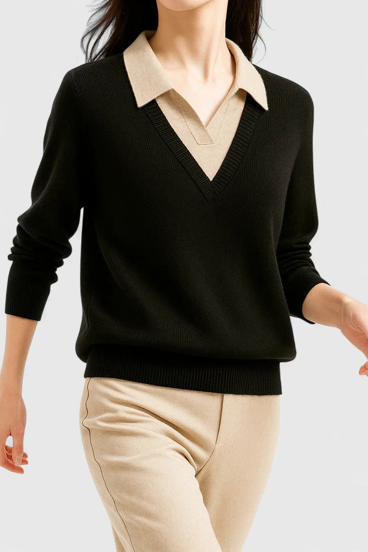 Women's Collared V-Neck Knit Pullover Sweater Button Cuffs