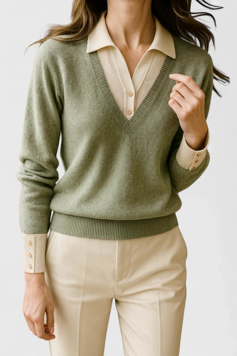 Women's Collared V-Neck Knit Pullover Sweater Button Cuffs