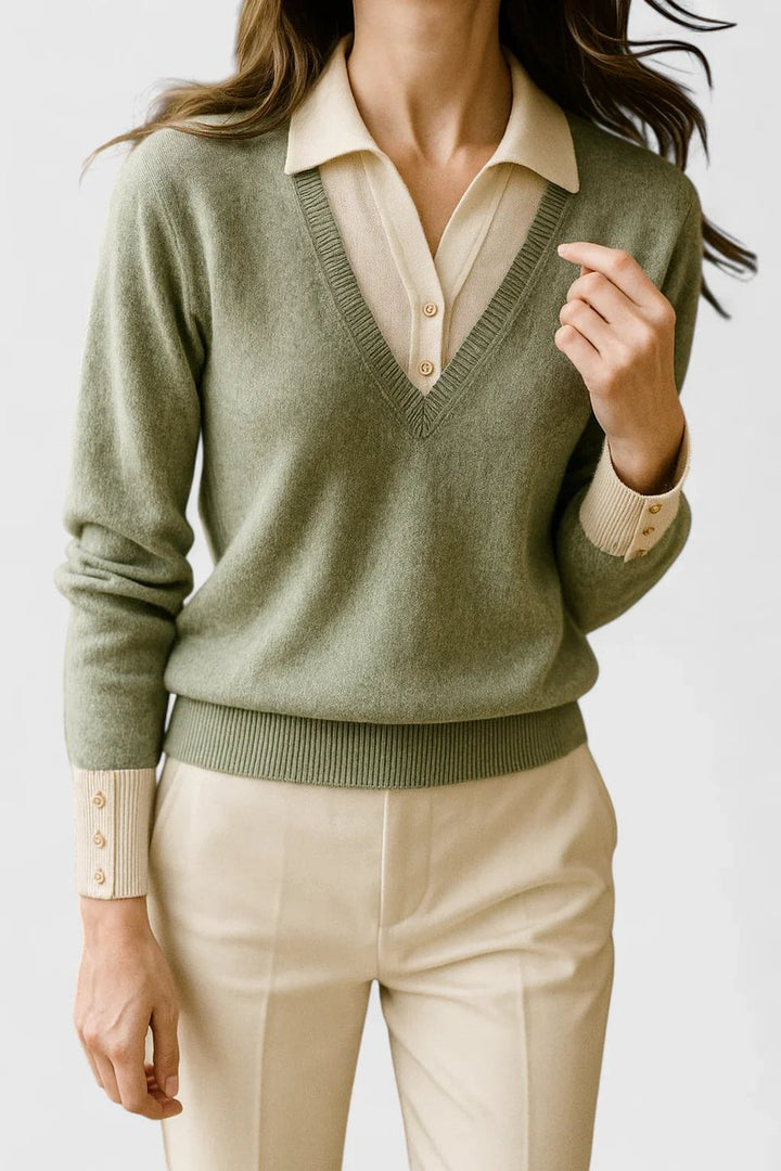 Women's Collared V-Neck Knit Pullover Sweater Button Cuffs