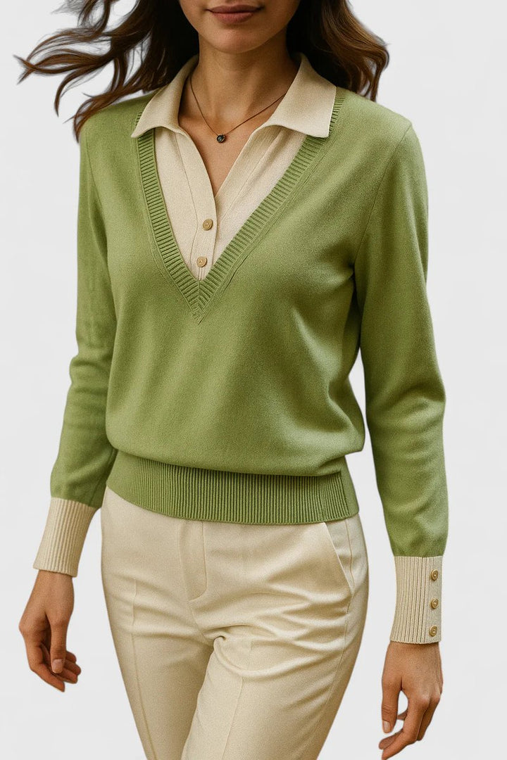 Women's Collared V-Neck Knit Pullover Sweater Button Cuffs