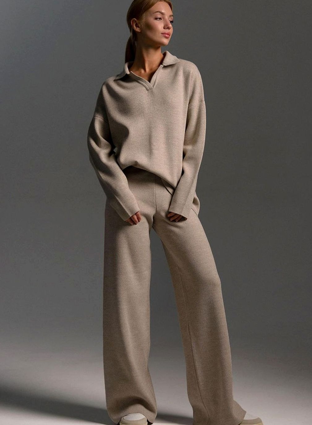 Women's Collared Wide-Leg Relaxed Fit Two-Piece Lounge Set - Khaki