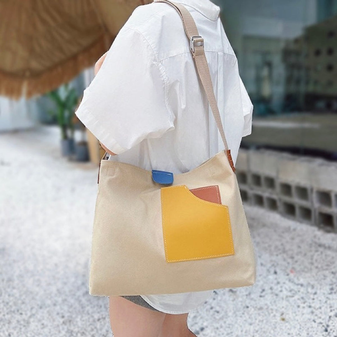 Women's Color Block Canvas Tote Bag Adjustable Strap Shoulder Bag - Beige