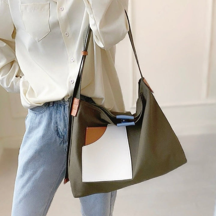 Women's Color Block Canvas Tote Bag Adjustable Strap Shoulder Bag - Grün