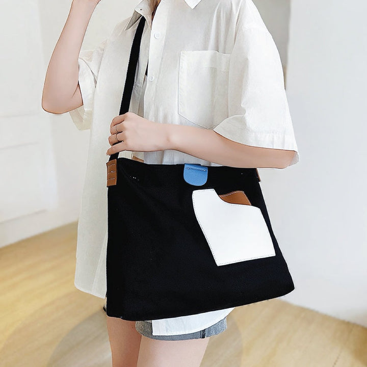 Women's Color Block Canvas Tote Bag Adjustable Strap Shoulder Bag - Schwarz