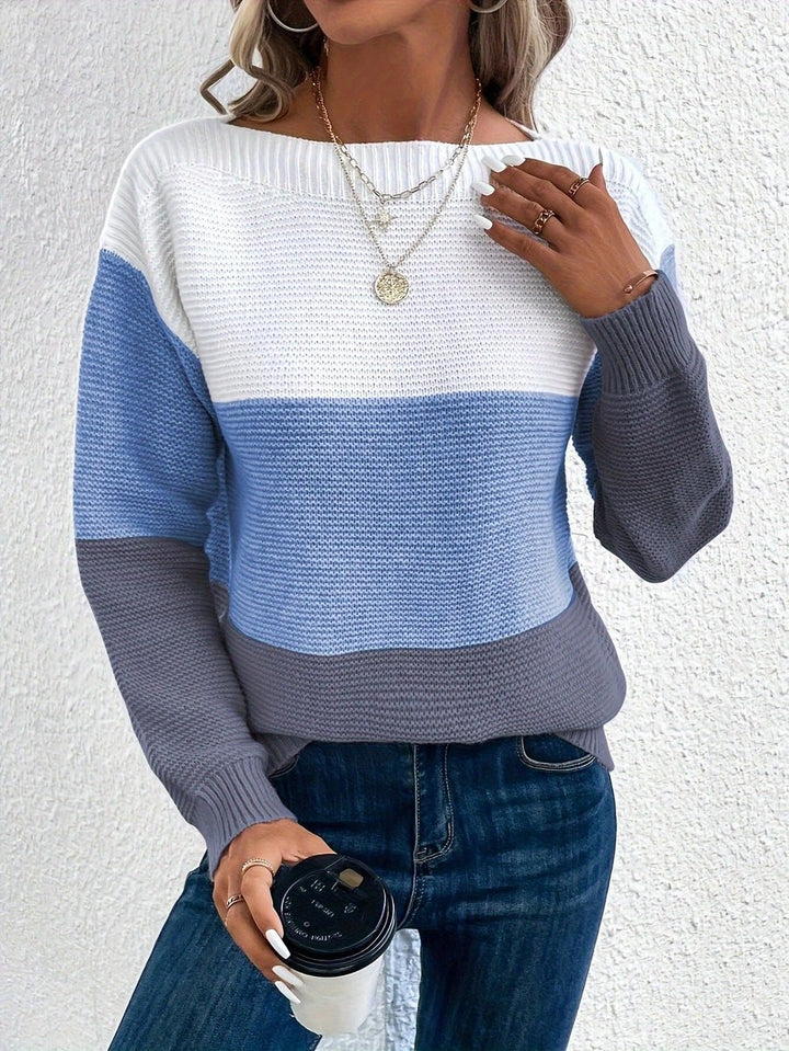 Women's Color Block Relaxed-Fit Long Sleeve Knit Sweater - Blue