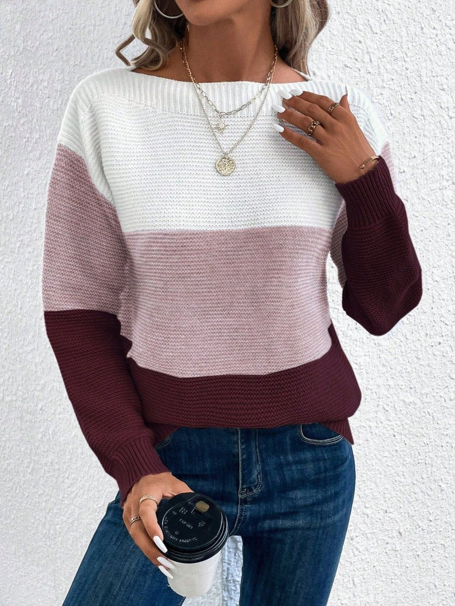 Women's Color Block Relaxed-Fit Long Sleeve Knit Sweater - Burgundy