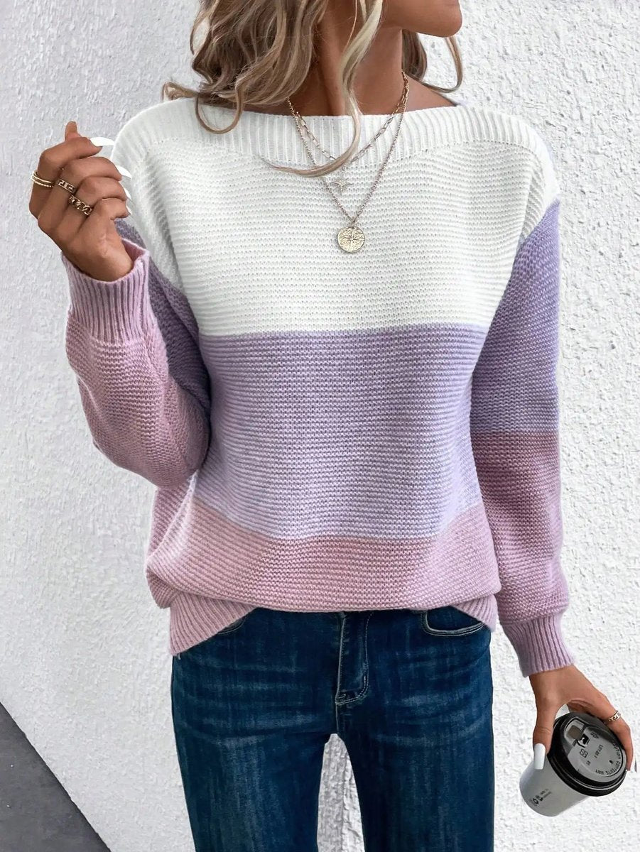Women's Color Block Relaxed-Fit Long Sleeve Knit Sweater - Purple