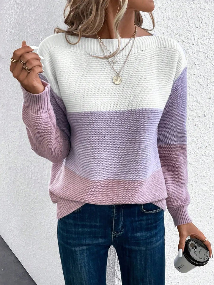 Women's Color Block Relaxed-Fit Long Sleeve Knit Sweater - Purple