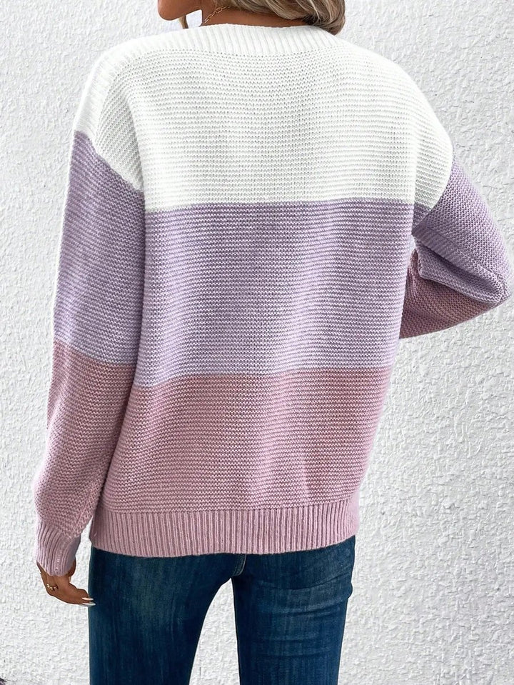 Women's Color Block Relaxed-Fit Long Sleeve Knit Sweater