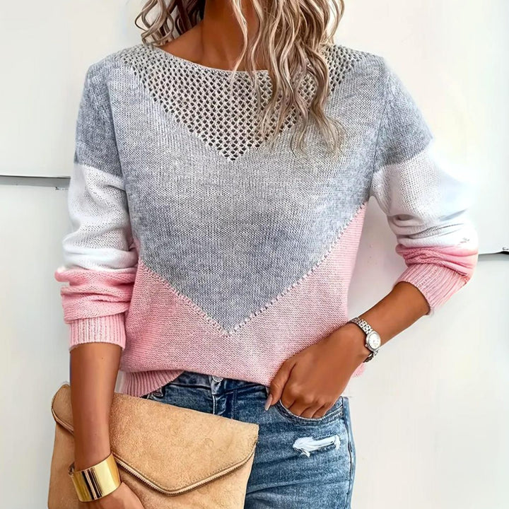 Women's Color Block Sweater Relaxed-Fit Mesh-Detail Knit Pullover