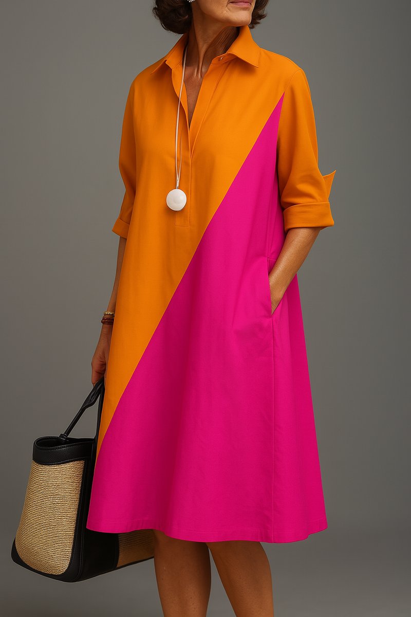 Women's Colorblock A-Line Midi Cocktail Dress - Orange Pink