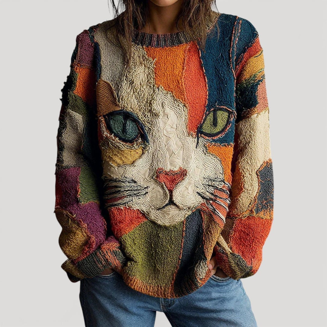 Women's Colorblock Cat Print Relaxed-Fit Knit Sweater - Multicolor