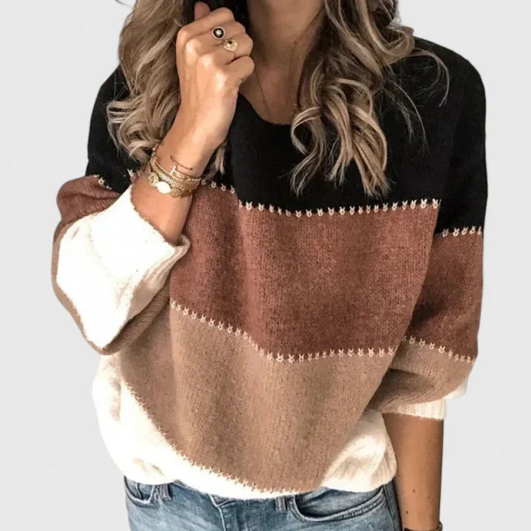 Women's Colorblock Striped Knit Pullover Sweater - Khaki