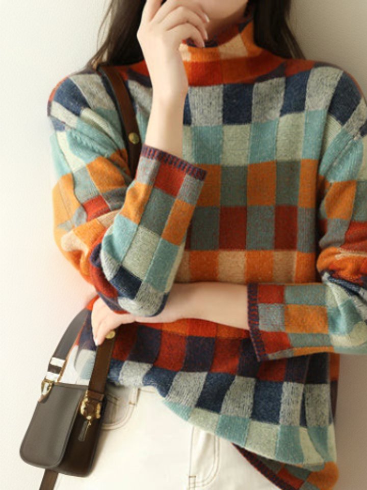 Women's Colorblock Turtleneck Pullover Knit Sweater