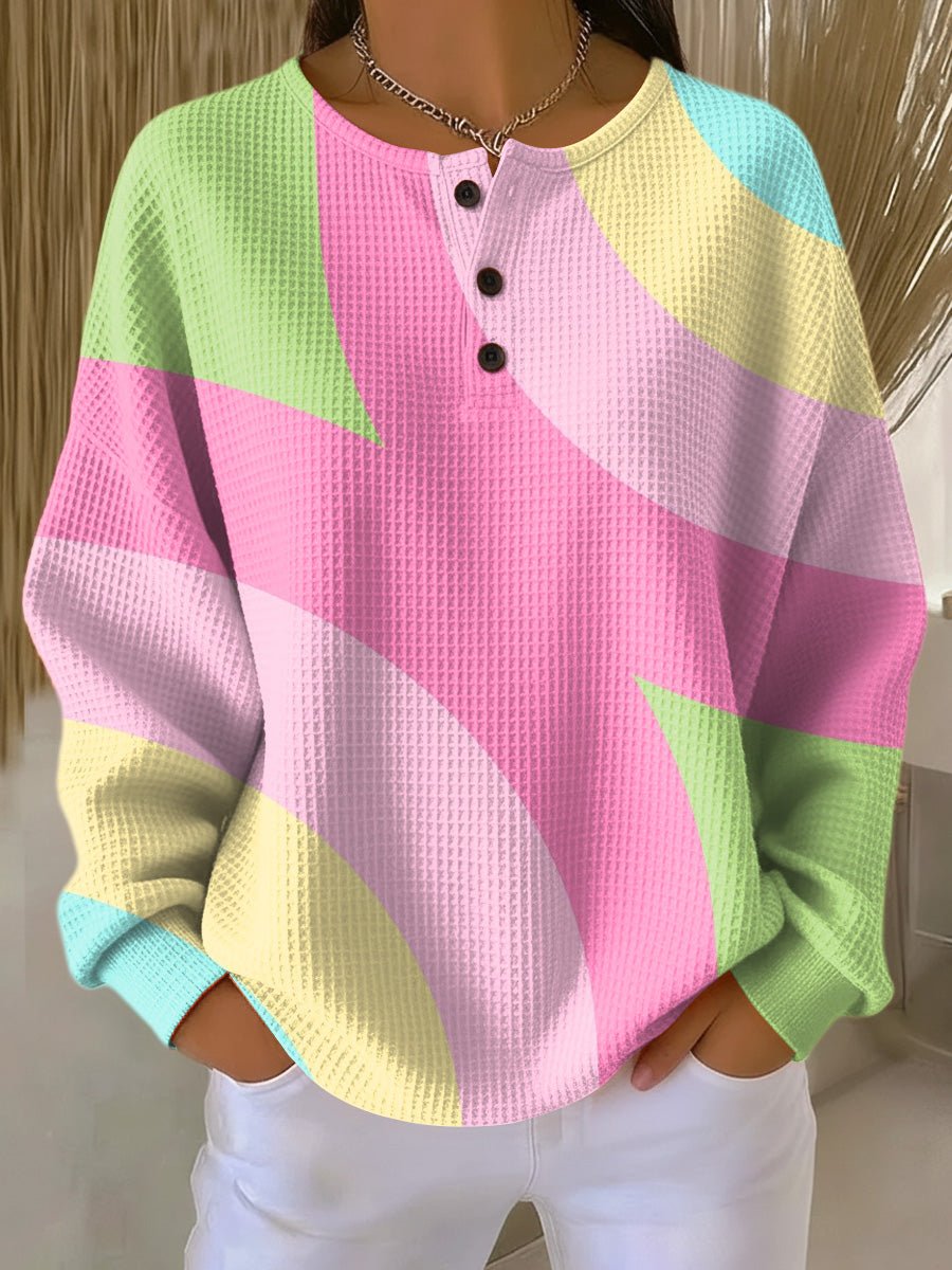 Women's Colorblock Waffle-Knit Henley Pullover Sweater - Pink