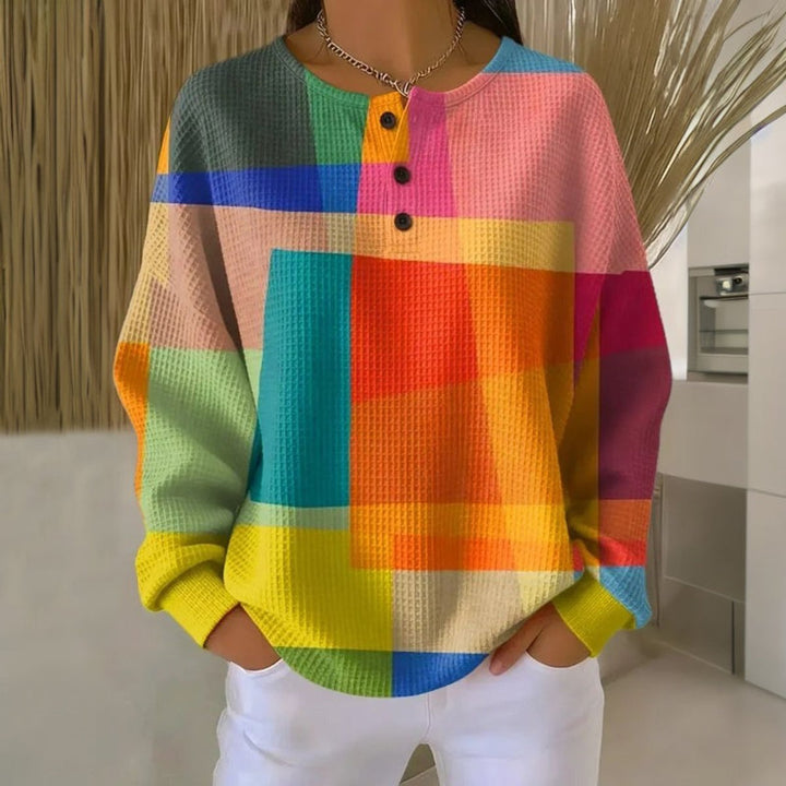 Women's Colorblock Waffle-Knit Long-Sleeve Henley Sweater - Multicolor