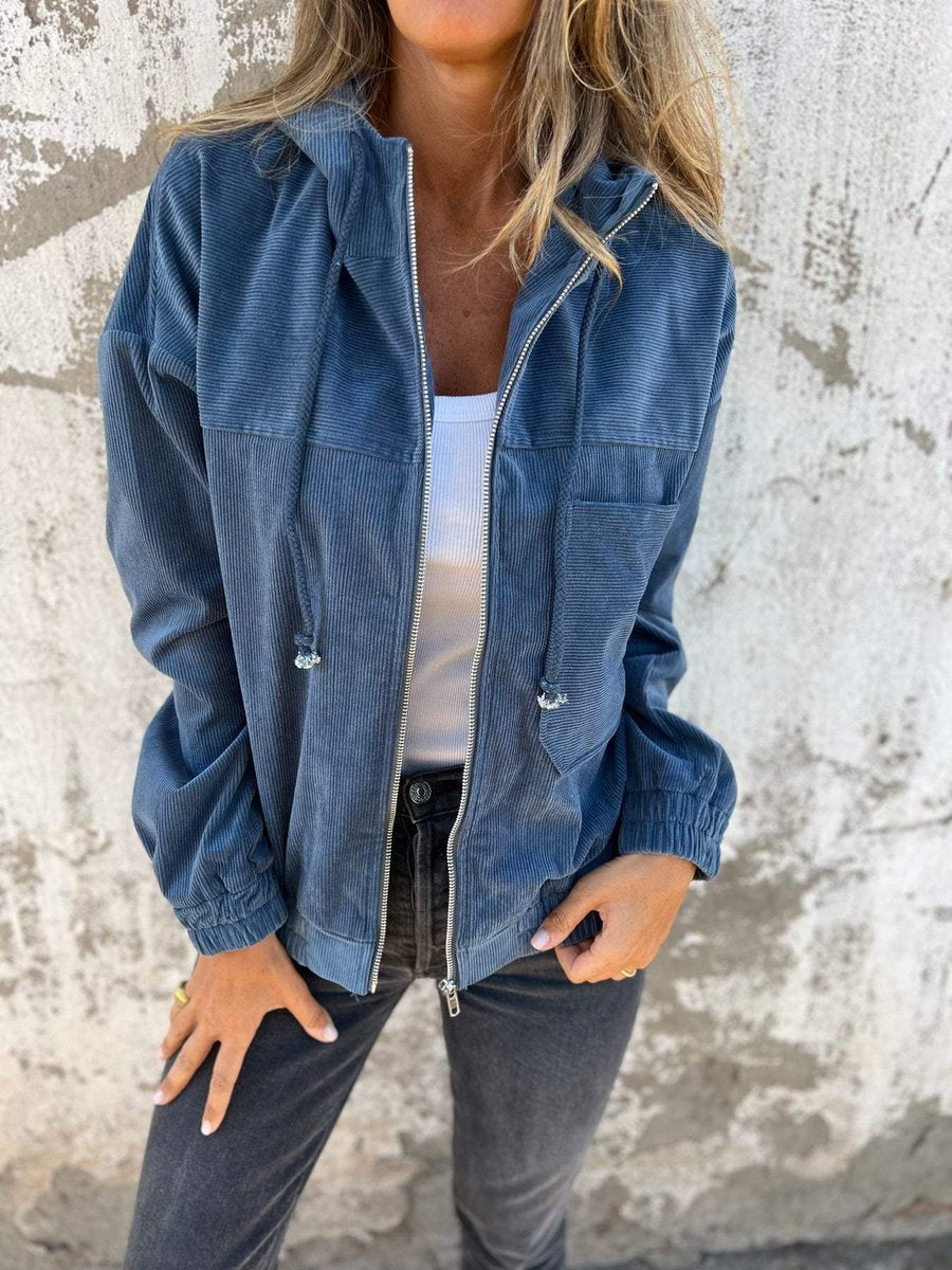 Women's Corduroy Hooded Zip-Up Quilted Jacket Women Oversized - Blue
