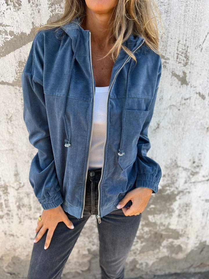 Women's Corduroy Hooded Zip-Up Quilted Jacket Women Oversized - Blue