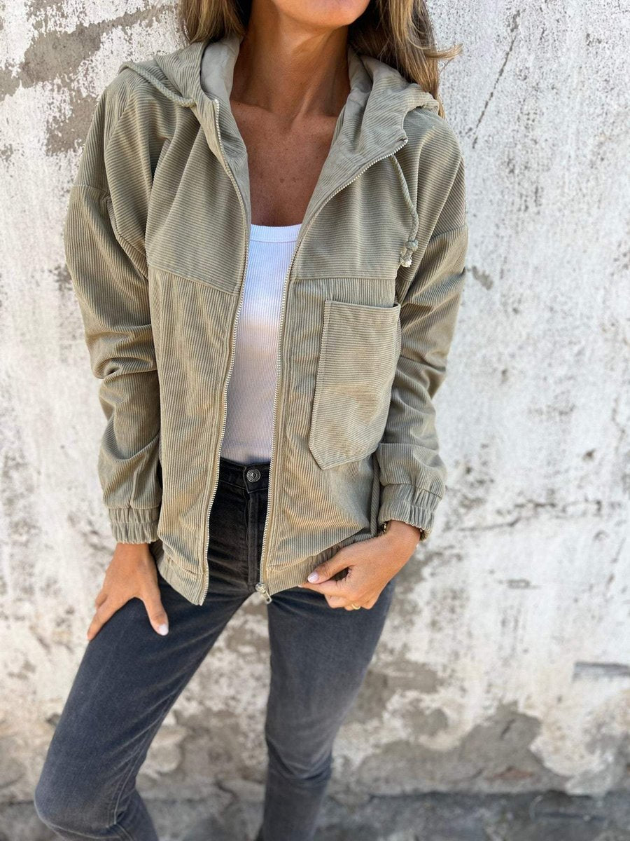 Women's Corduroy Hooded Zip-Up Quilted Jacket Women Oversized - Green