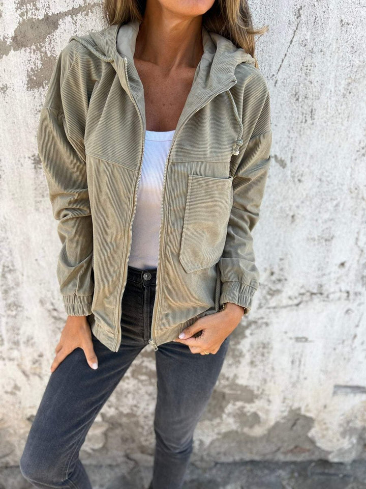 Women's Corduroy Hooded Zip-Up Quilted Jacket Women Oversized - Green