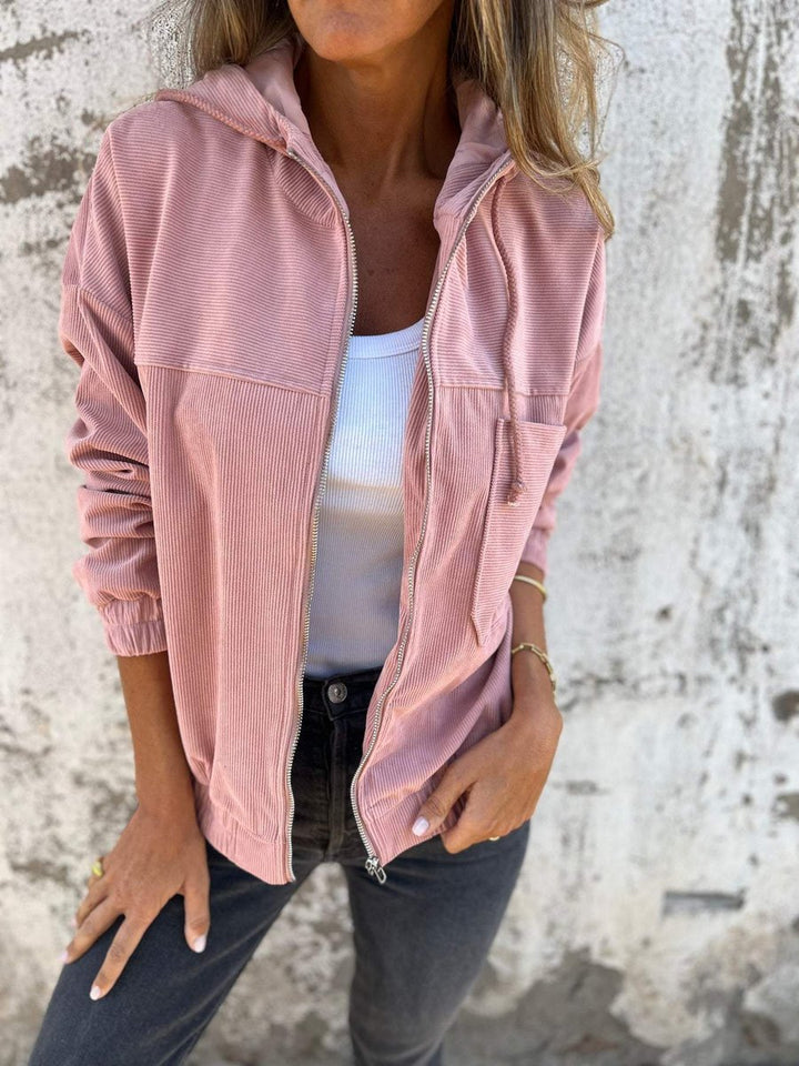 Women's Corduroy Hooded Zip-Up Quilted Jacket Women Oversized - Pink