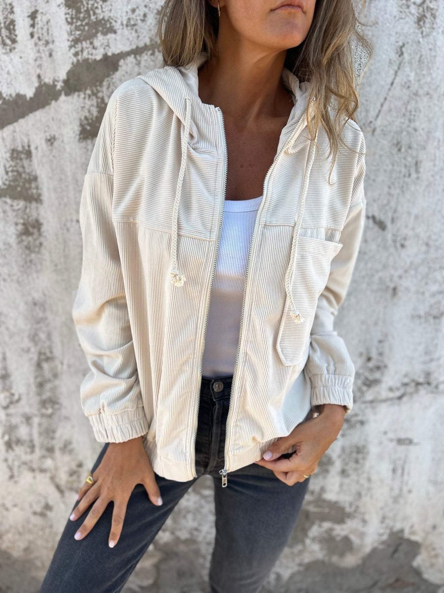Women's Corduroy Hooded Zip-Up Quilted Jacket Women Oversized - White
