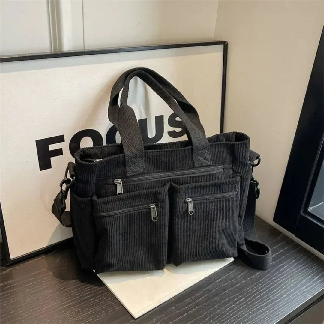 Women's Corduroy Multi-Pocket Crossbody Tote Bag - Schwarz