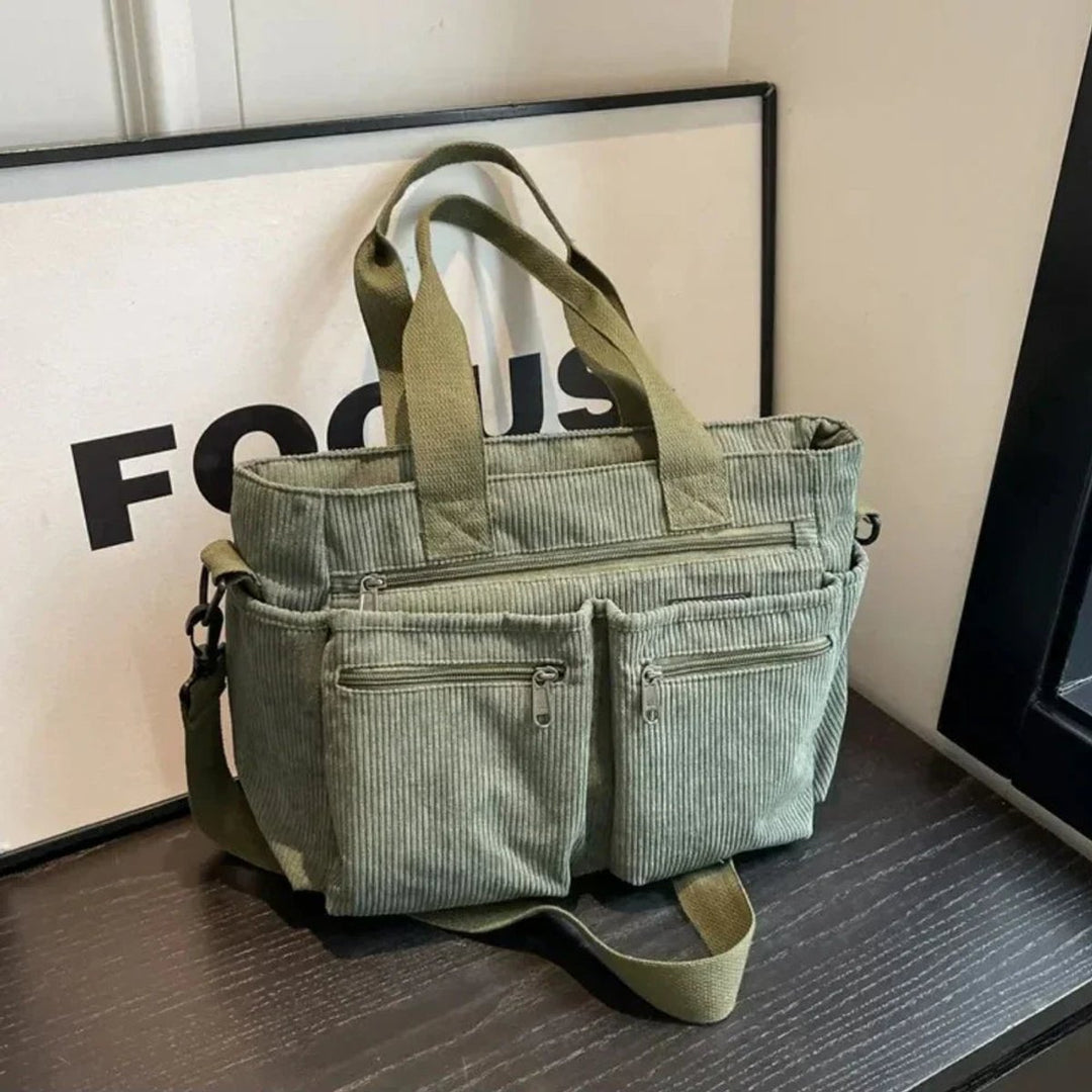 Women's Corduroy Multi-Pocket Crossbody Tote Bag - Grün