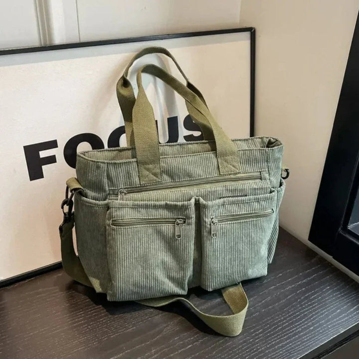 Women's Corduroy Multi-Pocket Crossbody Tote Bag - Grün