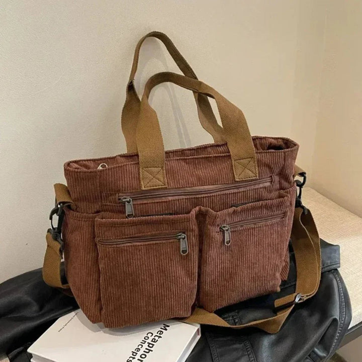 Women's Corduroy Multi-Pocket Crossbody Tote Bag - Braun