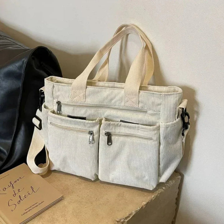 Women's Corduroy Multi-Pocket Crossbody Tote Bag - Beige