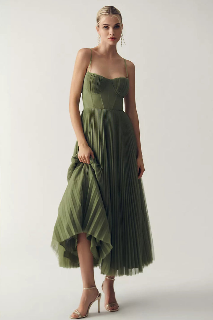 Women's Corset-Bodice Pleated Tulle Midi Dress - Green