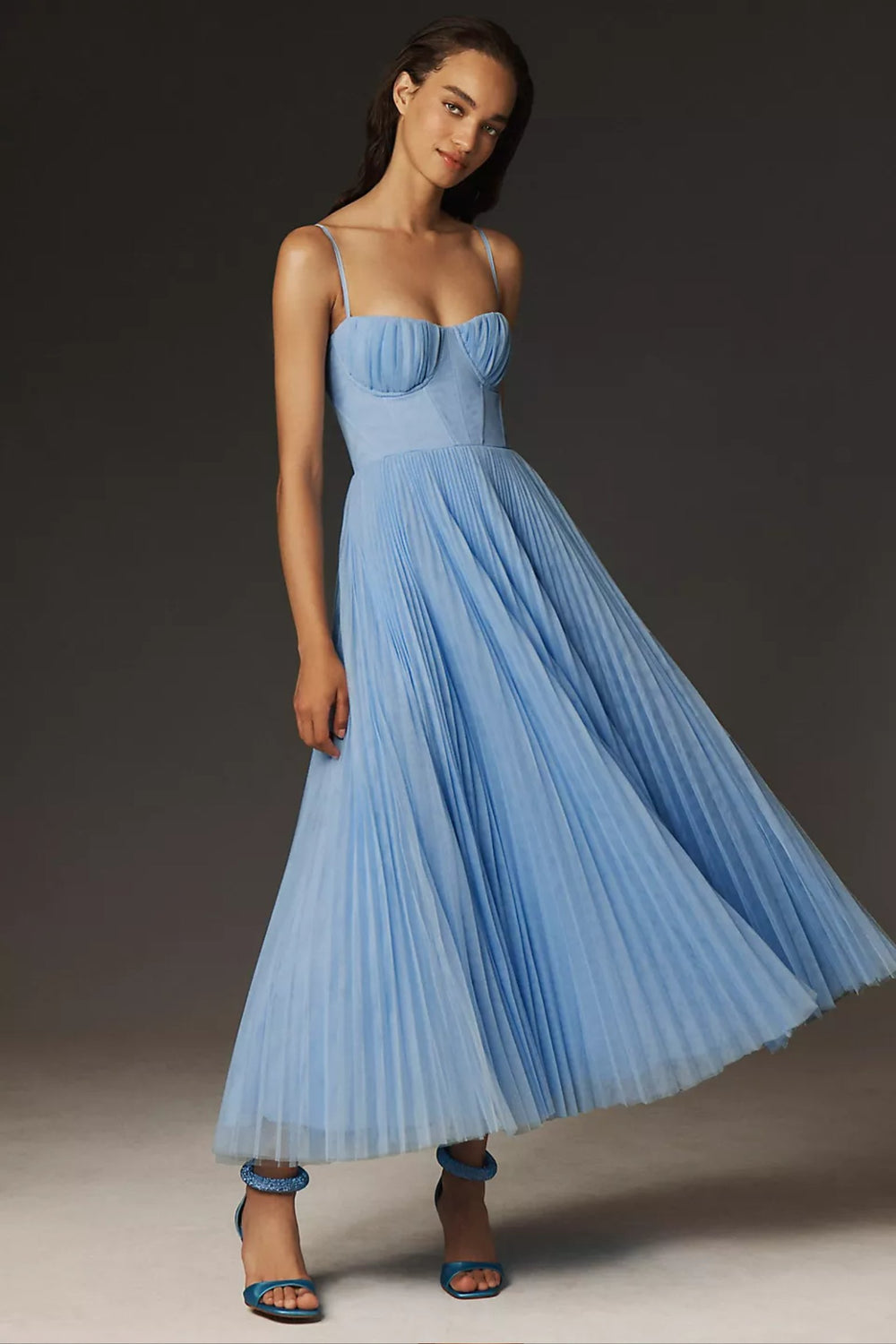 Women's Corset-Bodice Pleated Tulle Midi Dress - Blue