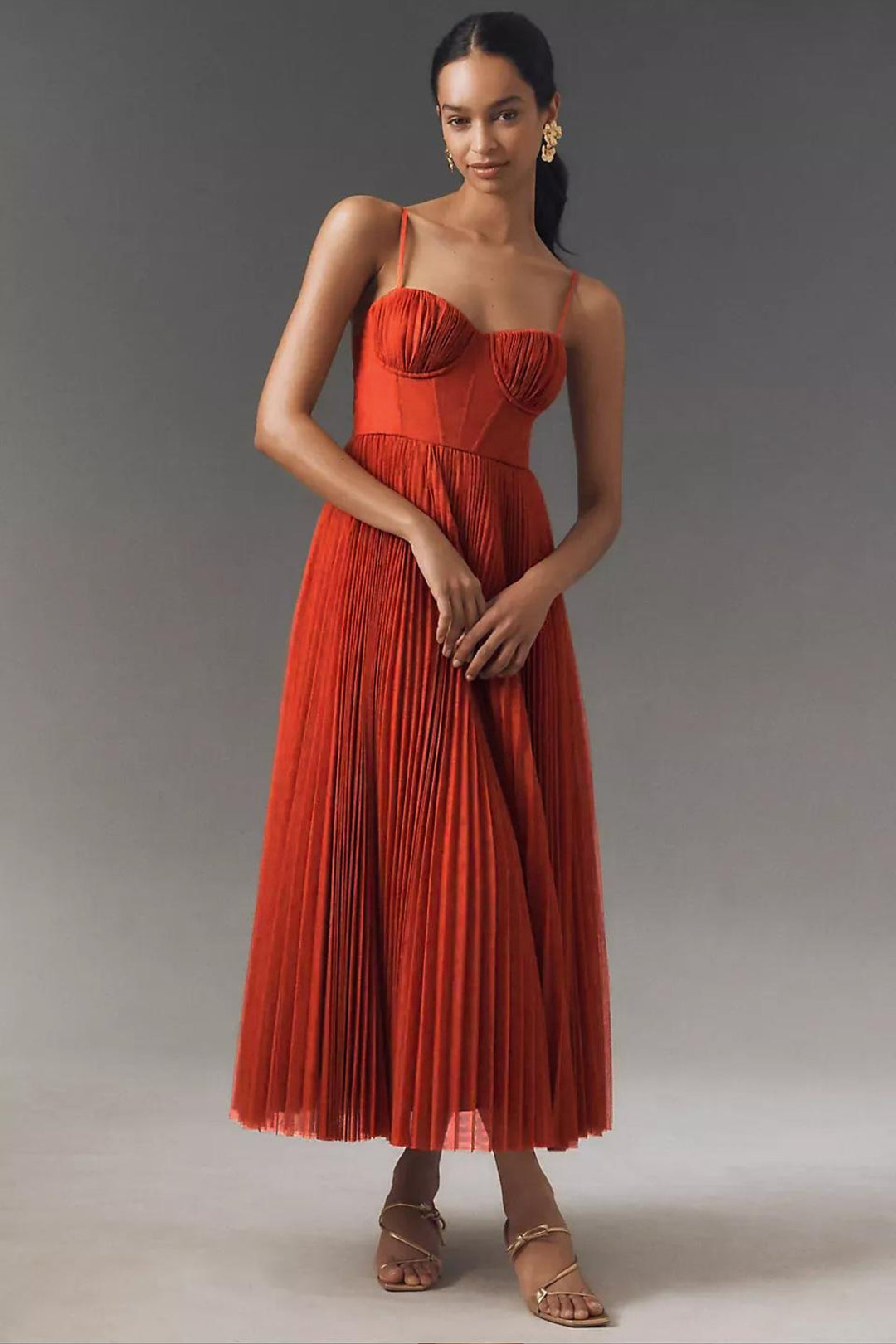 Women's Corset-Bodice Pleated Tulle Midi Dress - Orange