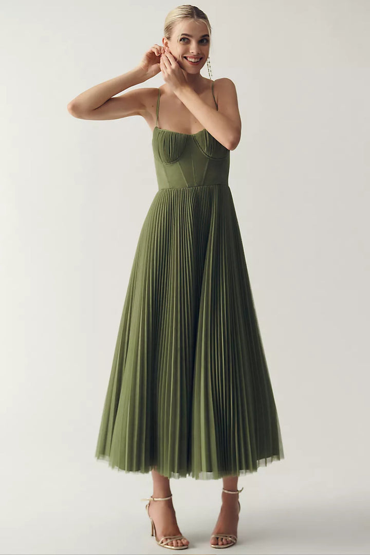 Women's Corset-Bodice Pleated Tulle Midi Dress