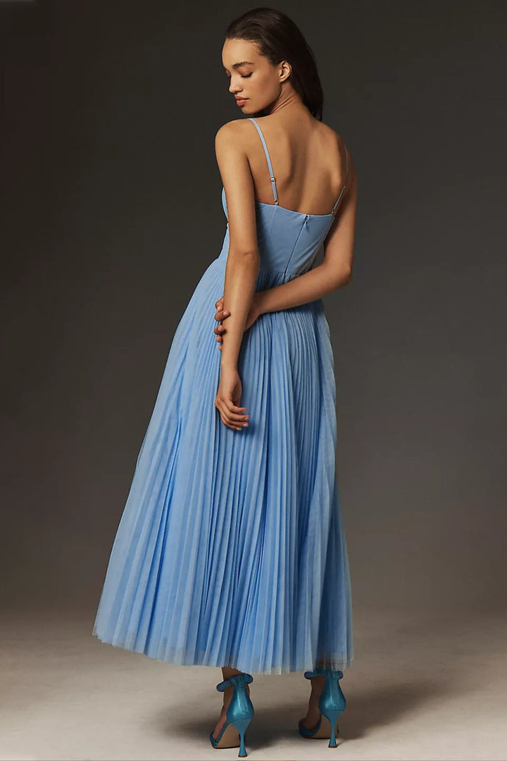 Women's Corset-Bodice Pleated Tulle Midi Dress