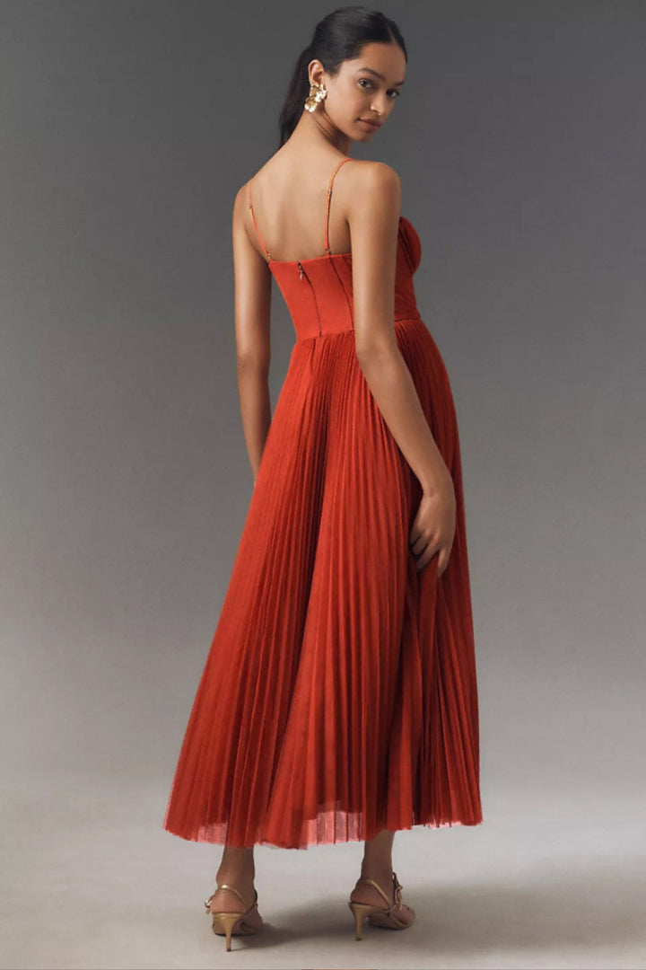 Women's Corset-Bodice Pleated Tulle Midi Dress