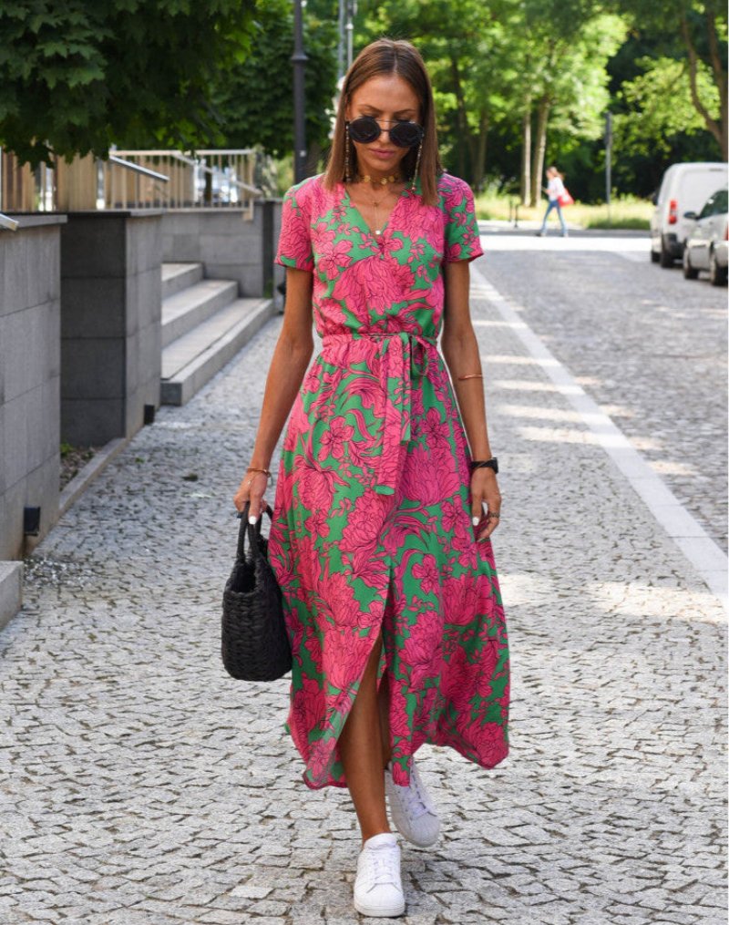 Women's Cotton Floral Wrap V-Neck Tie-Waist Midi Dress - Dark Pink