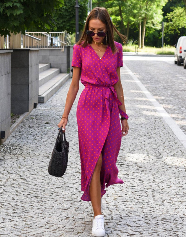 Women's Cotton Floral Wrap V-Neck Tie-Waist Midi Dress - Fuschia