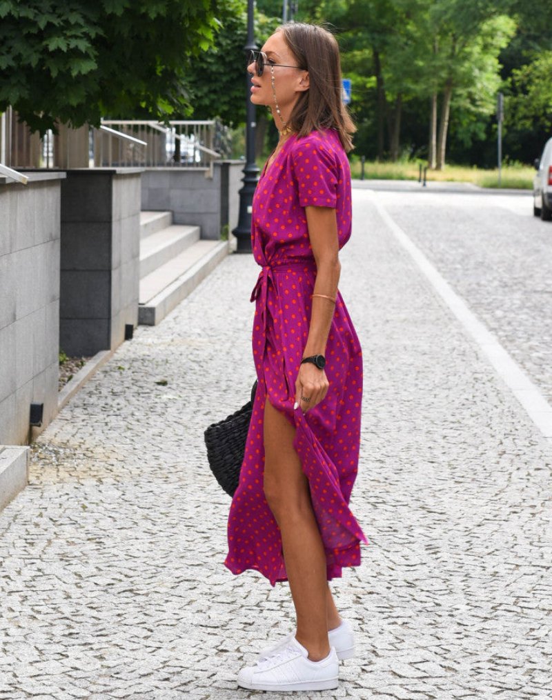 Women's Cotton Floral Wrap V-Neck Tie-Waist Midi Dress