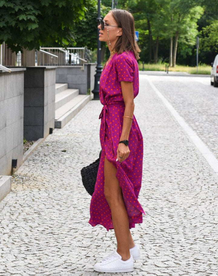 Women's Cotton Floral Wrap V-Neck Tie-Waist Midi Dress